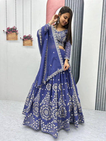 Heavy Sequence & Thread Work Blue Georgette Ready to Wear Lehenga Choli Set
