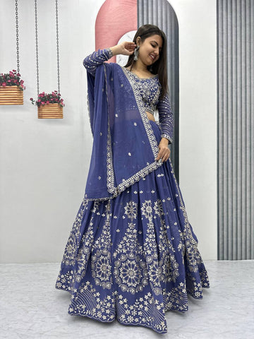 Heavy Sequence & Thread Work Blue Georgette Ready to Wear Lehenga Choli Set
