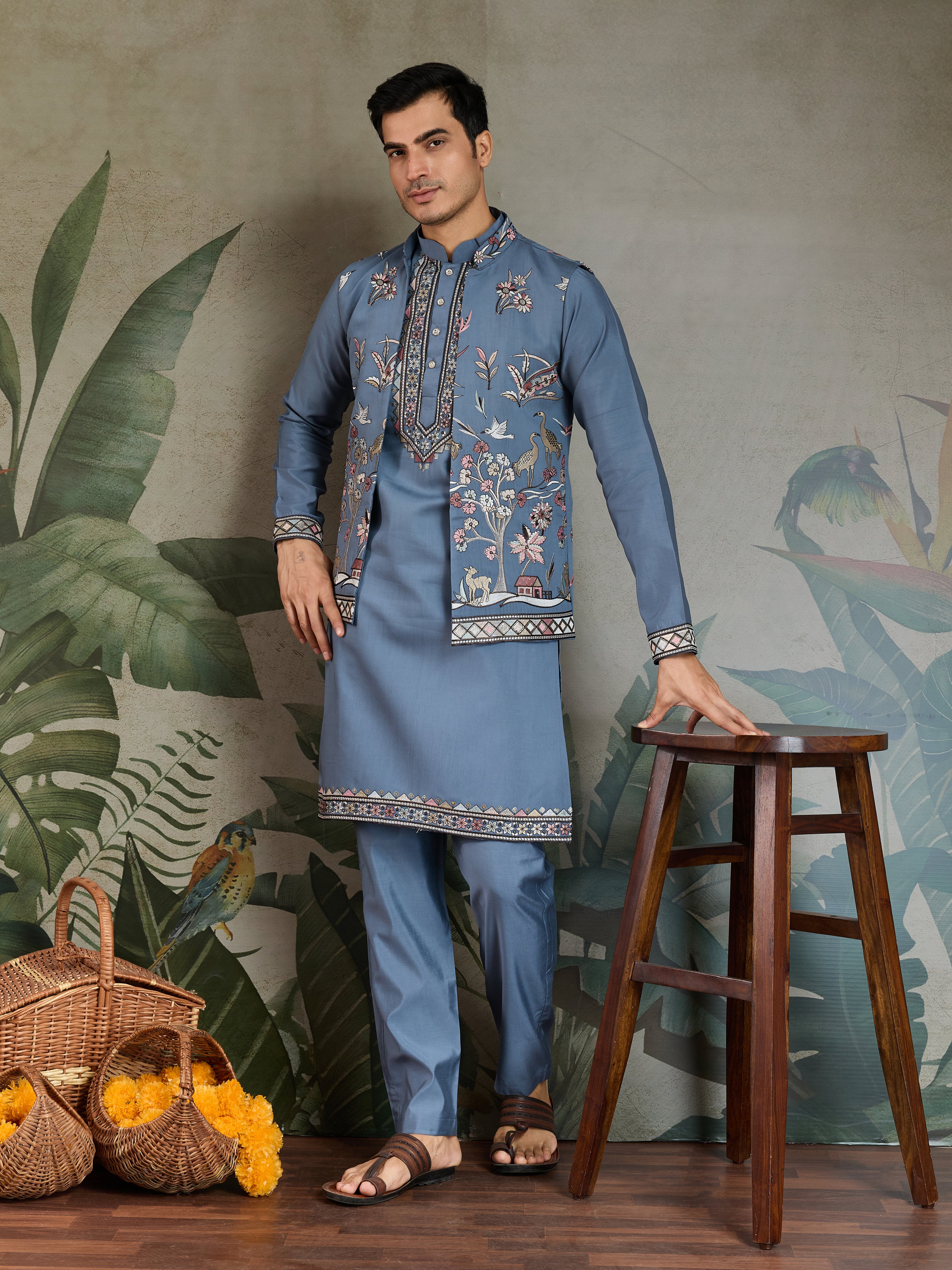 Blue Gray Open Koti Style Full Kurta Pajama Set for Men