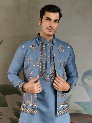 Blue Gray Open Koti Style Full Kurta Pajama Set for Men
