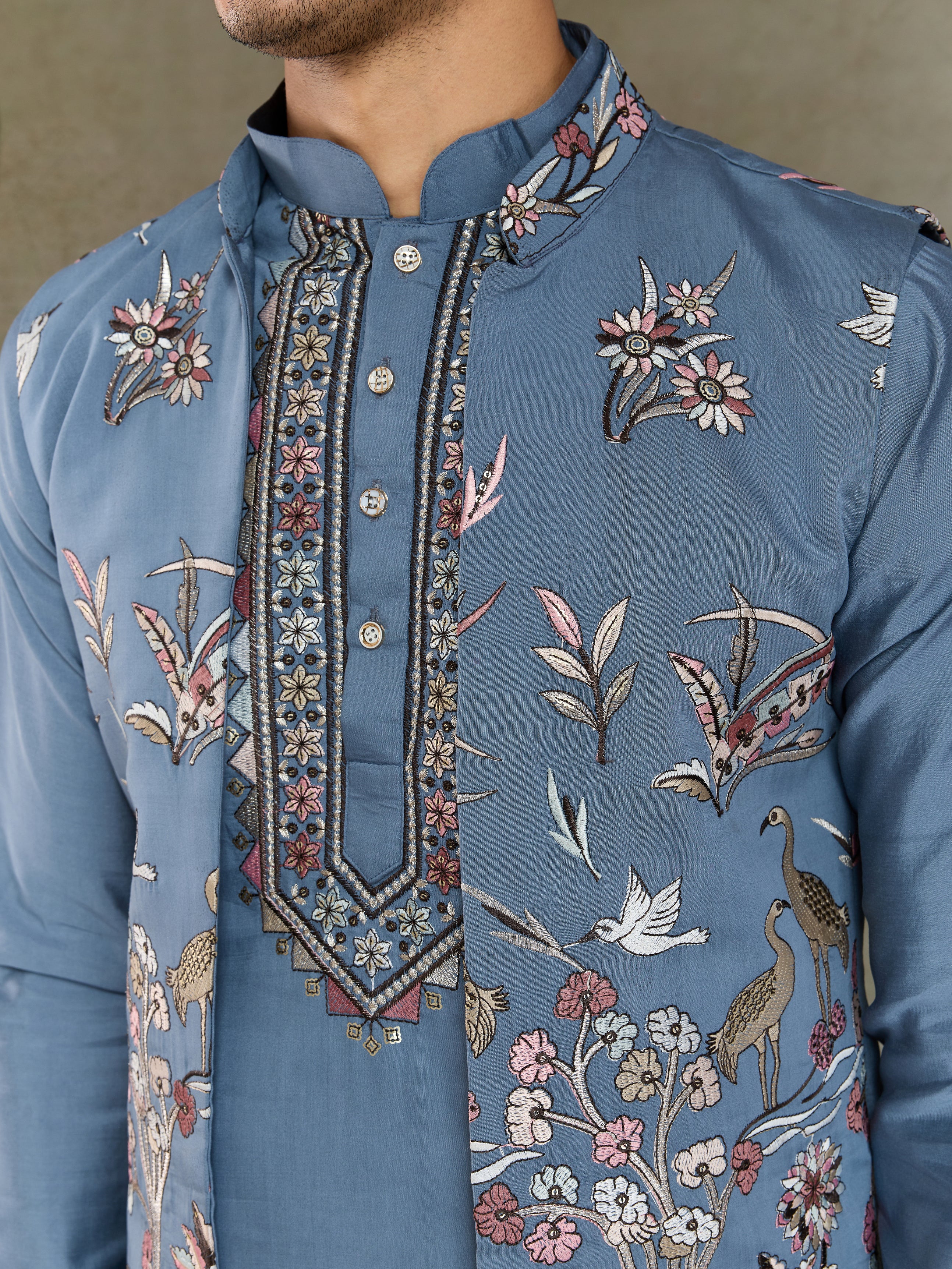 Blue Gray Open Koti Style Full Kurta Pajama Set for Men