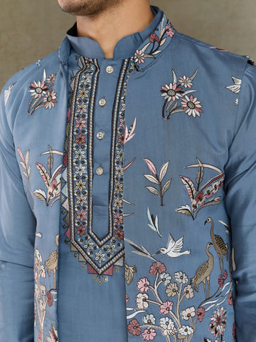Blue Gray Open Koti Style Full Kurta Pajama Set for Men