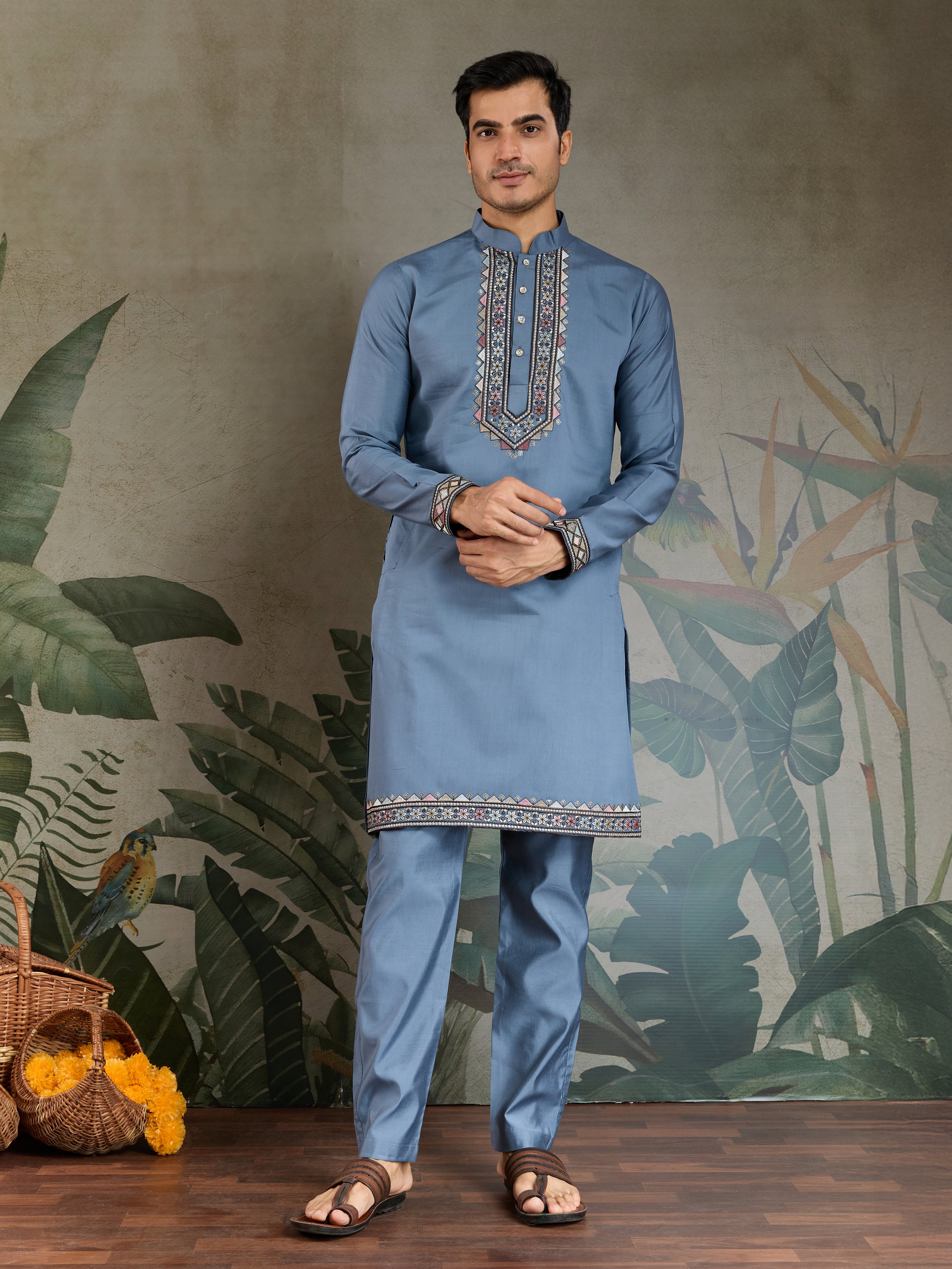 Blue Gray Open Koti Style Full Kurta Pajama Set for Men