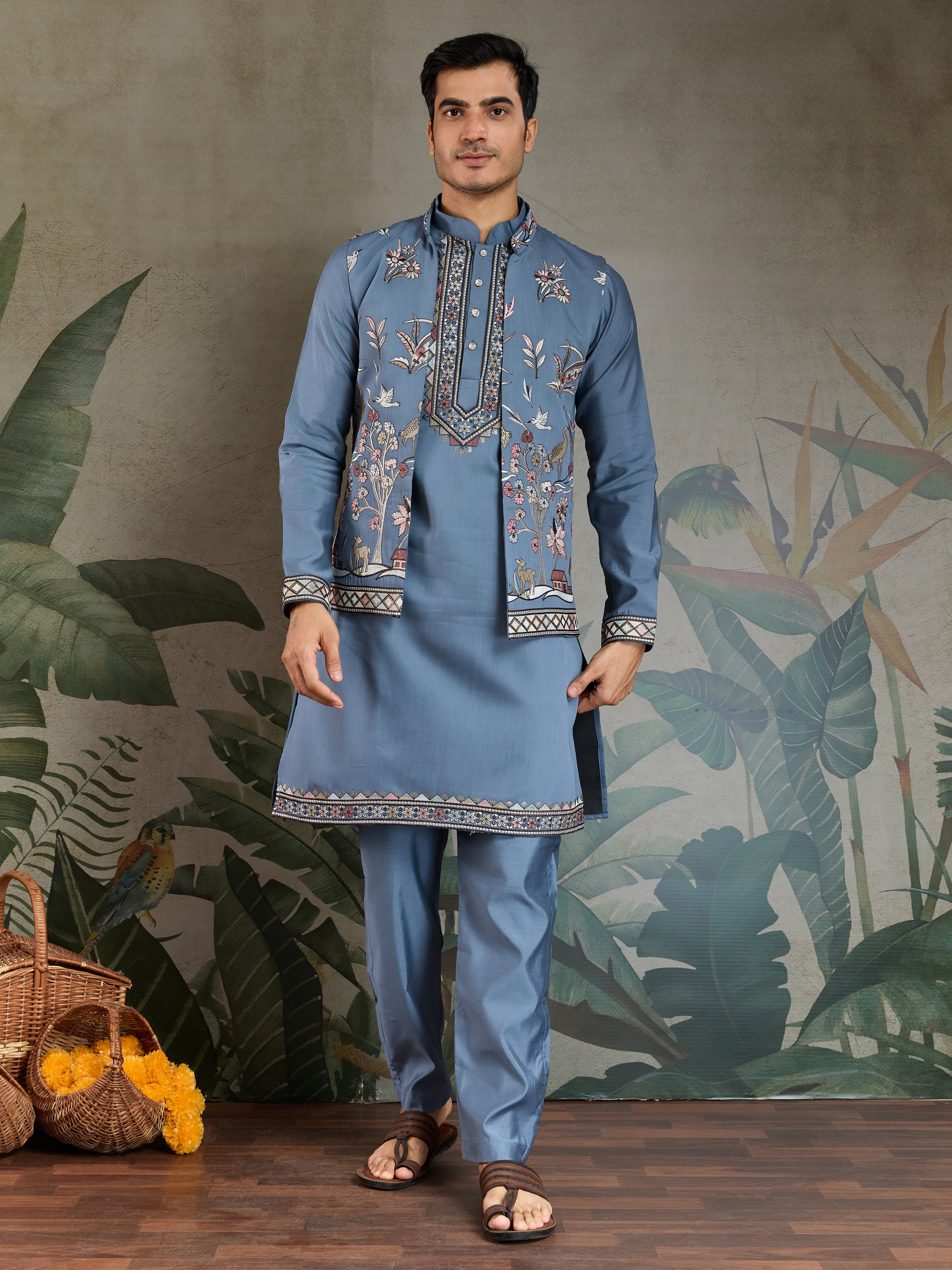 Blue Gray Open Koti Style Full Kurta Pajama Set for Men