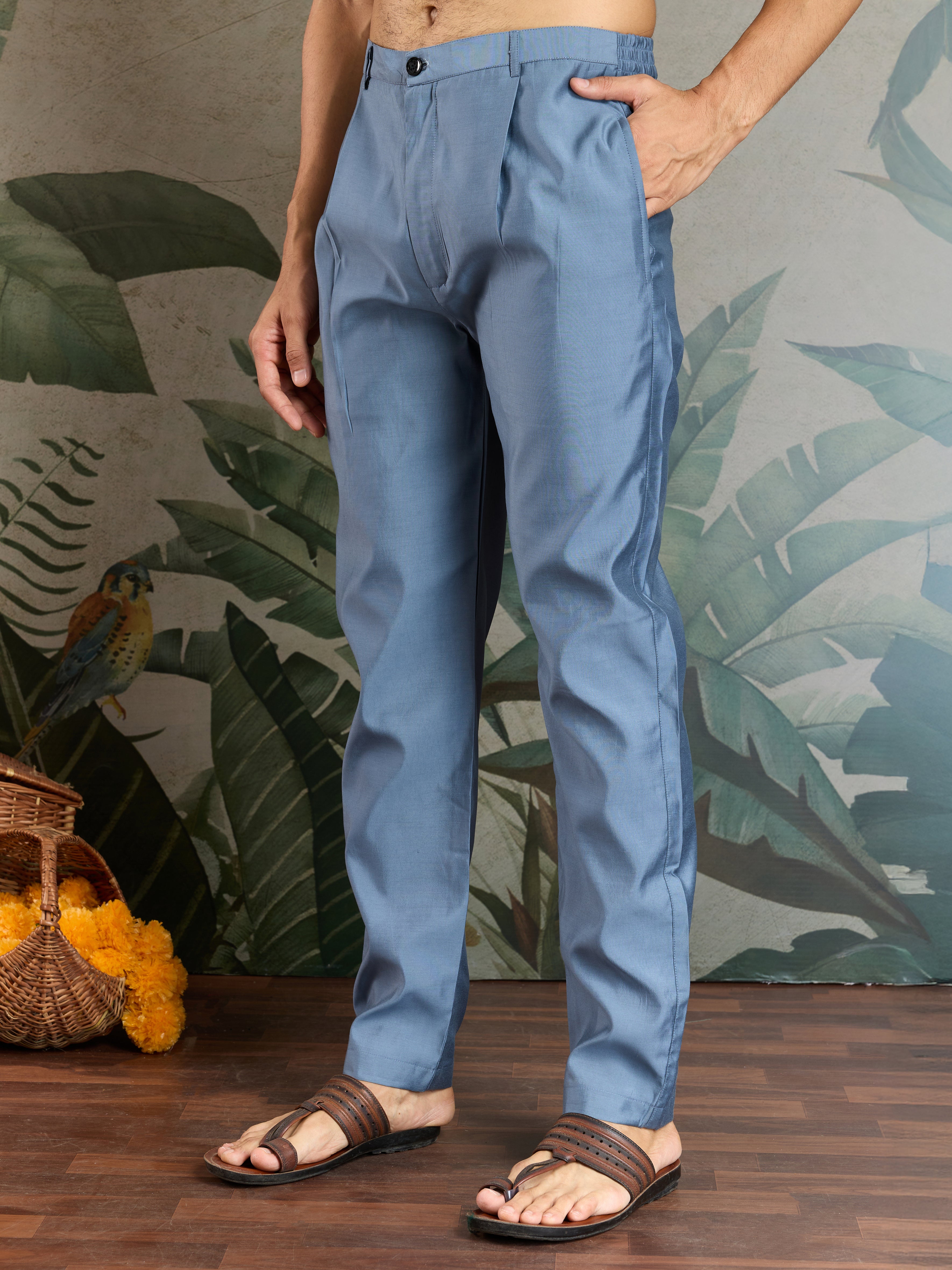 Blue Gray Open Koti Style Full Kurta Pajama Set for Men