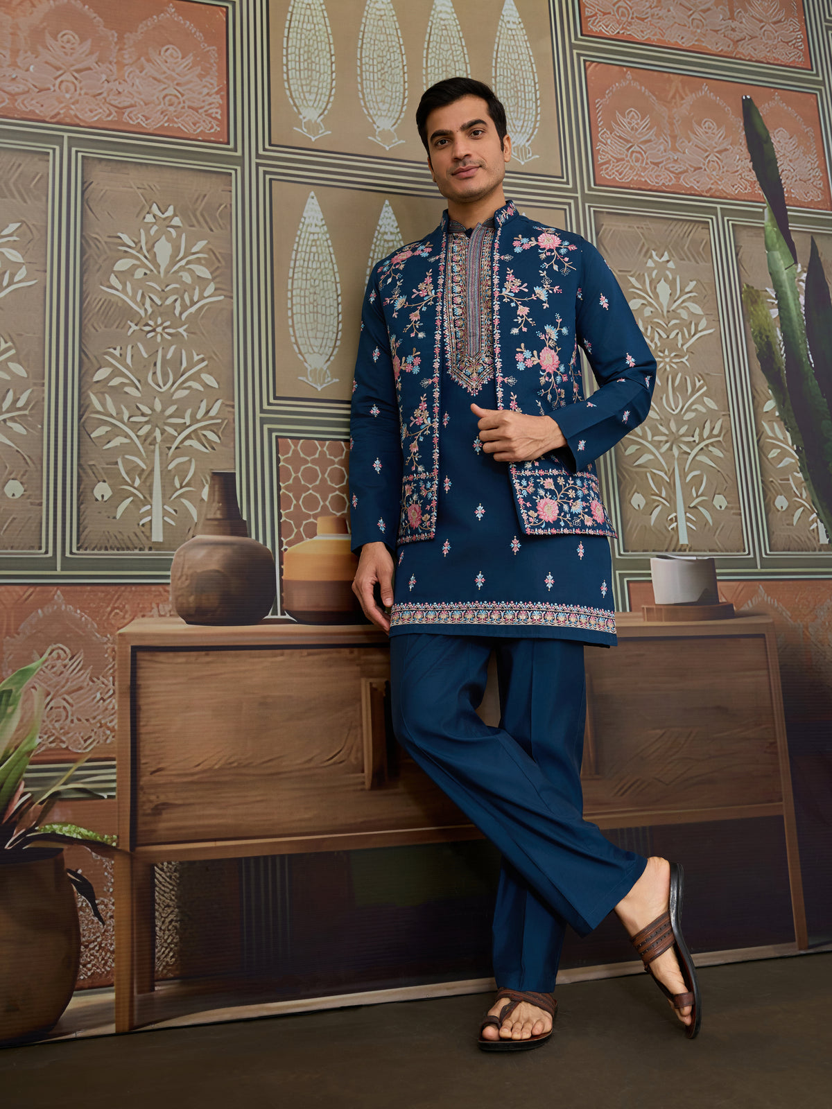 Modern Teal Blue Open Koti Kurta Set for Men

