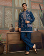 Modern Teal Blue Open Koti Kurta Set for Men
