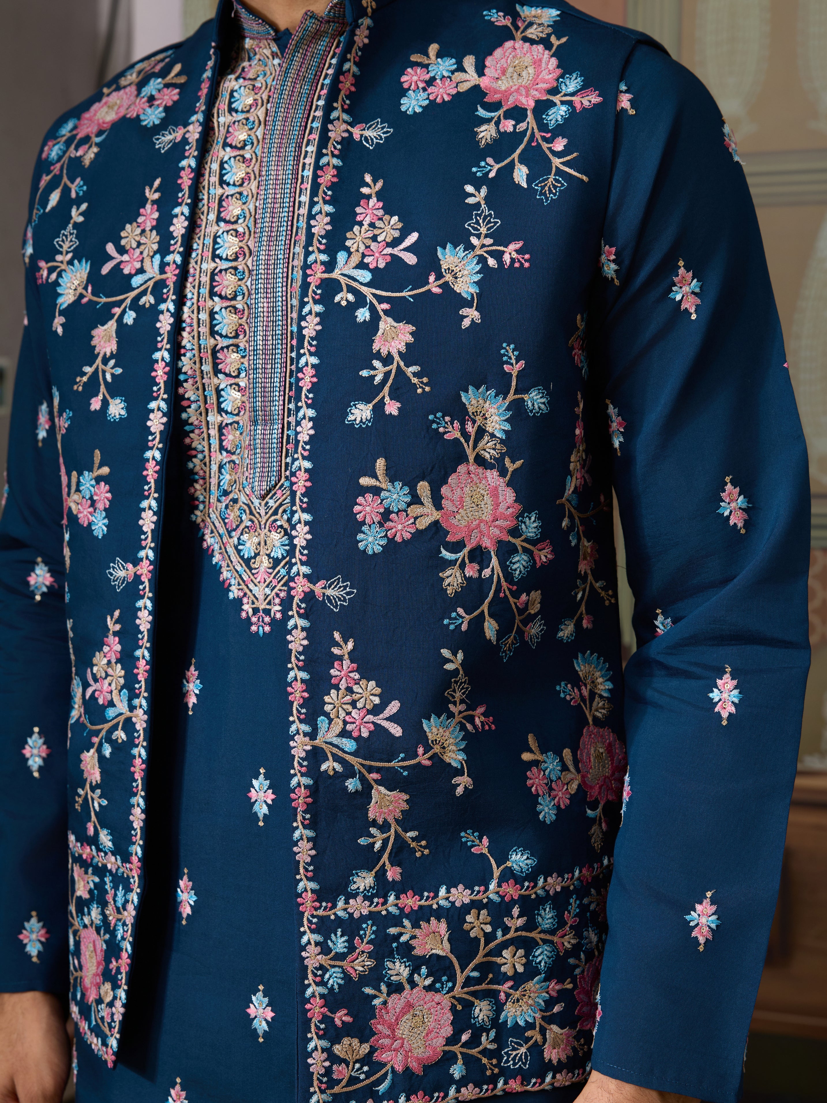 Modern Teal Blue Open Koti Kurta Set for Men
