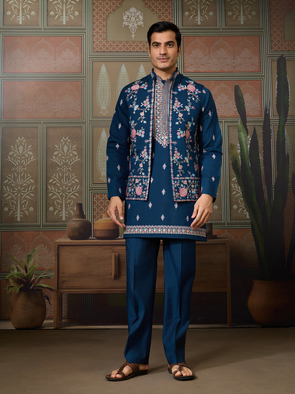 Modern Teal Blue Open Koti Kurta Set for Men
