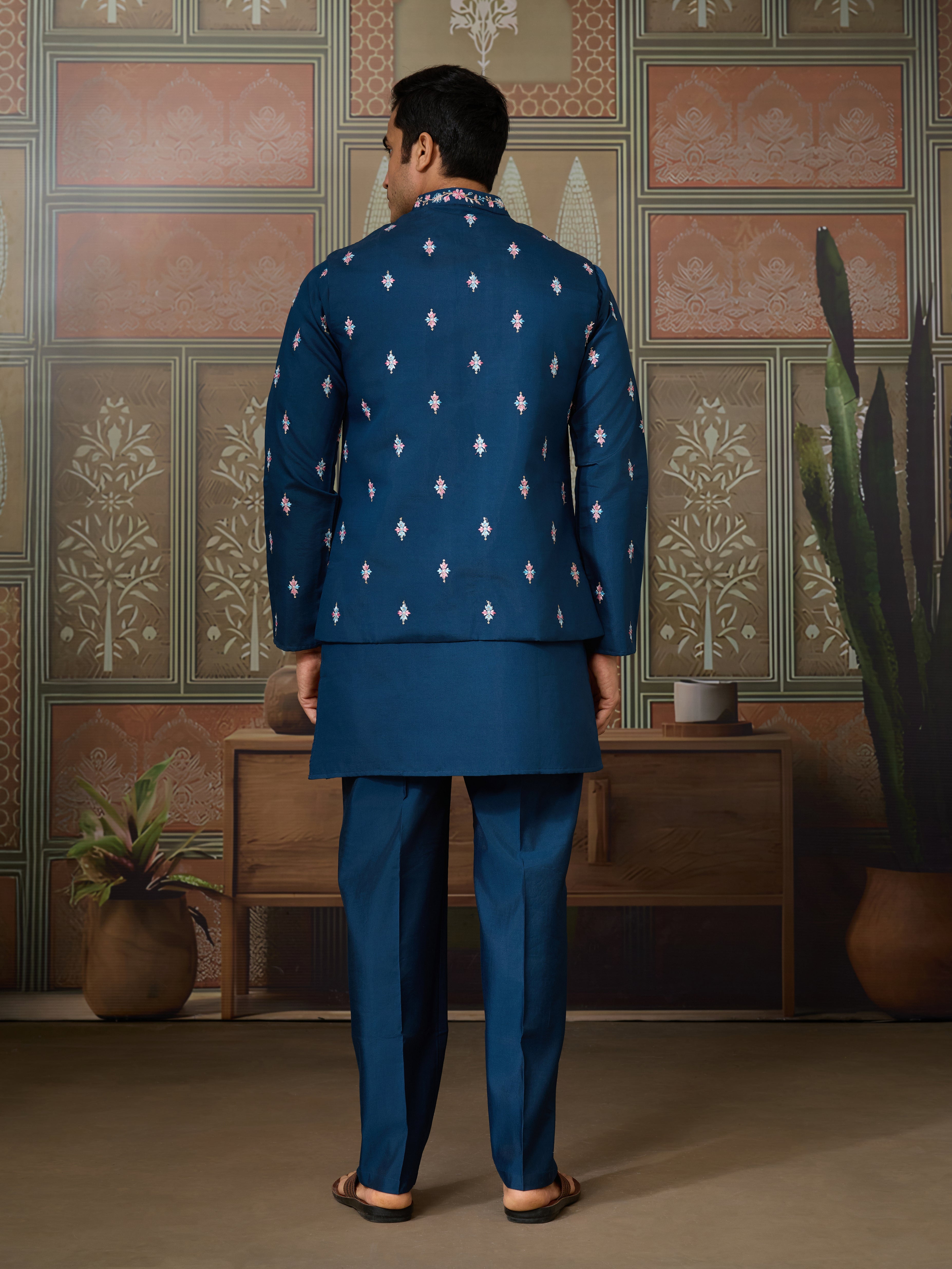 Modern Teal Blue Open Koti Kurta Set for Men
