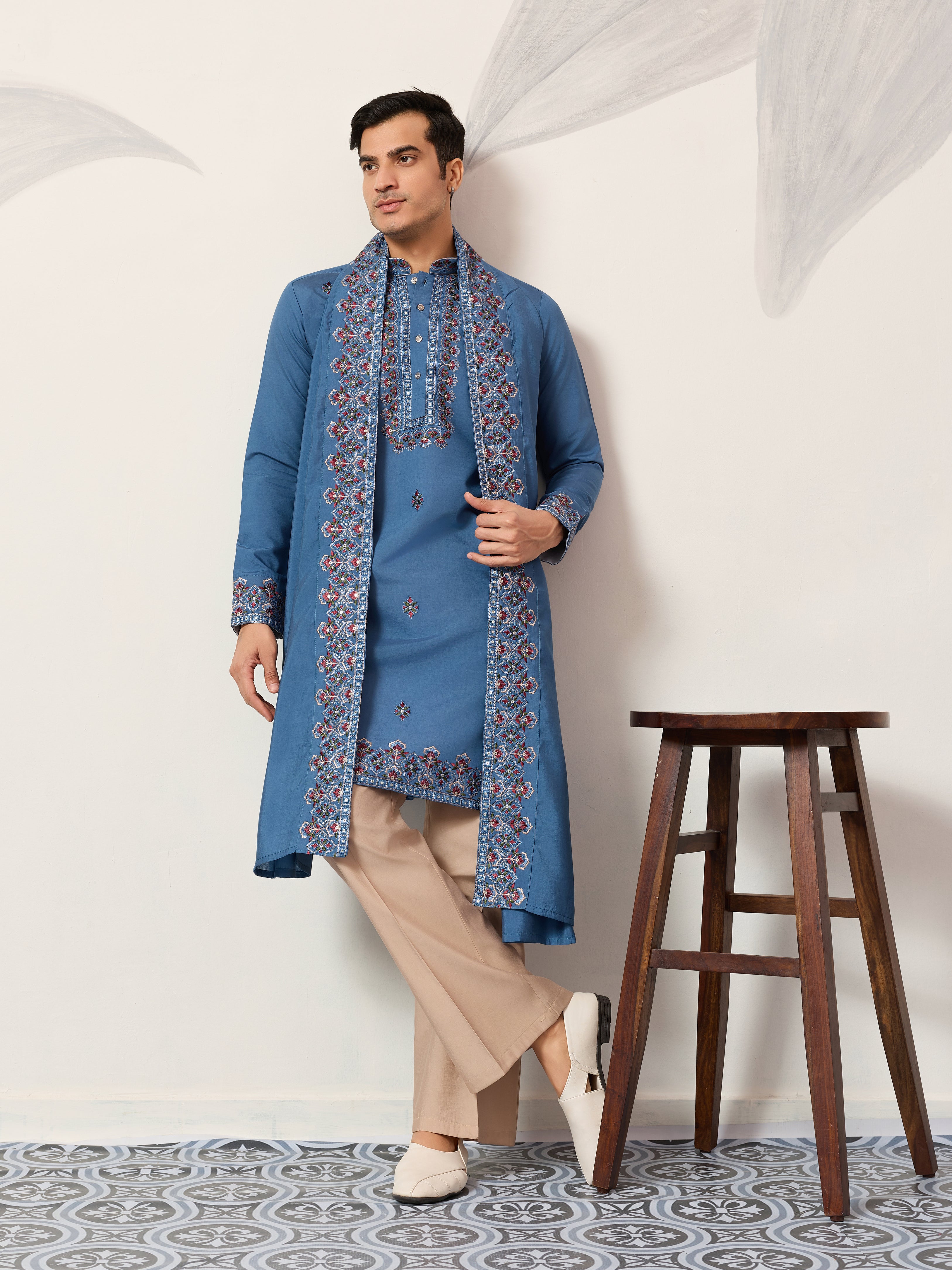 Wedding Royal Look Blue Kurta with Dupatta for Mens Wear