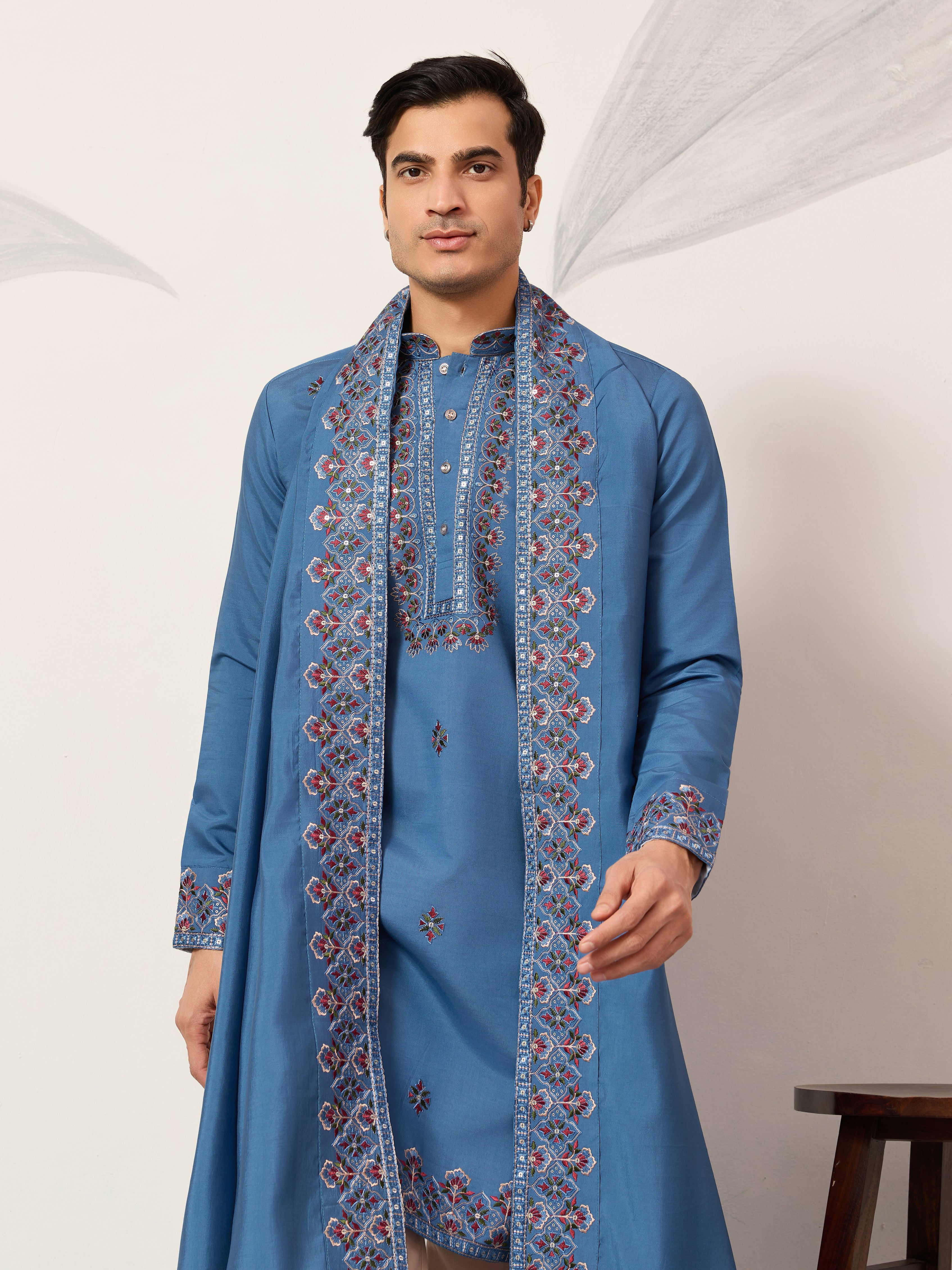 Wedding Royal Look Blue Kurta with Dupatta for Mens Wear