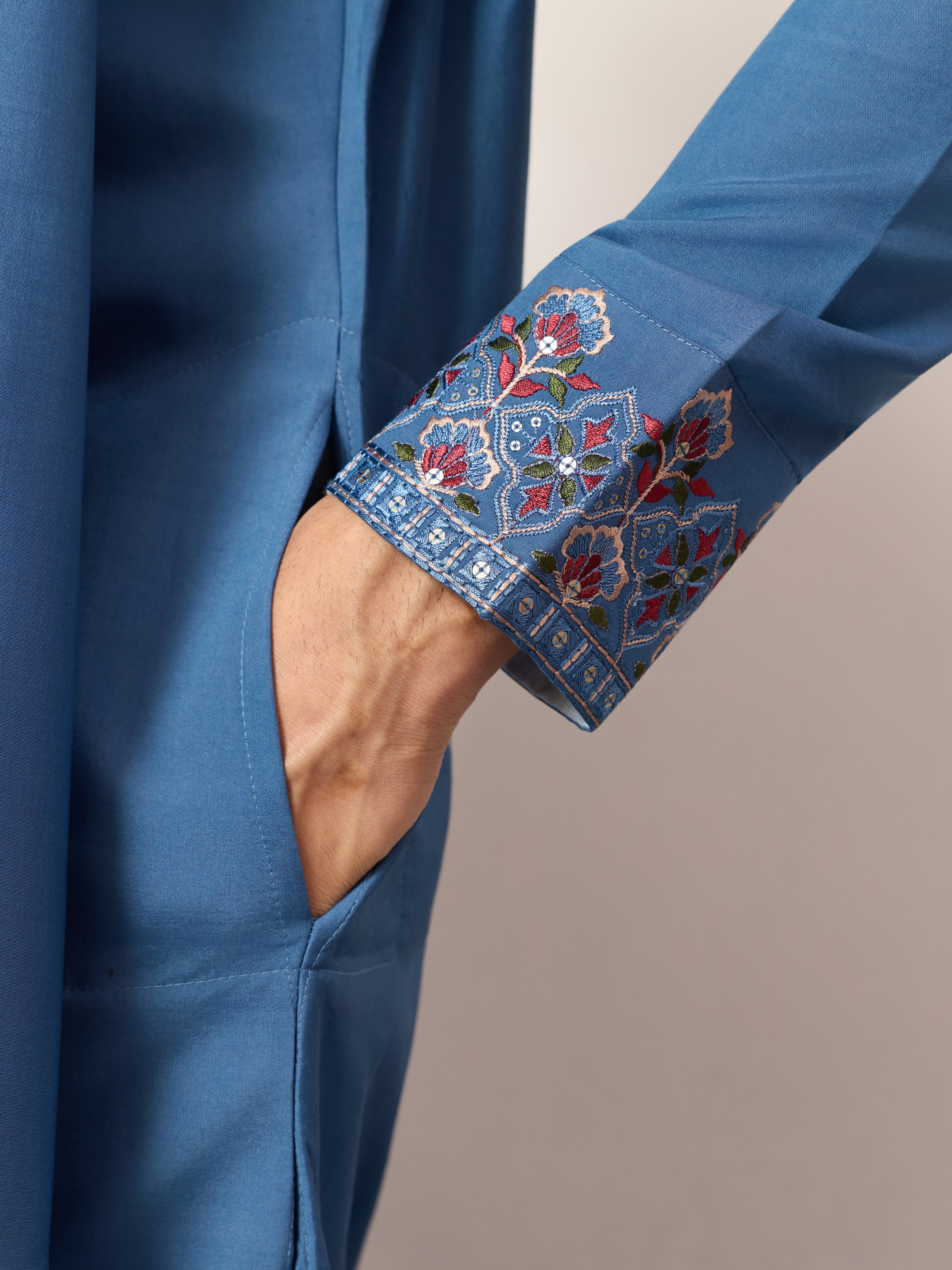 Wedding Royal Look Blue Kurta with Dupatta for Mens Wear