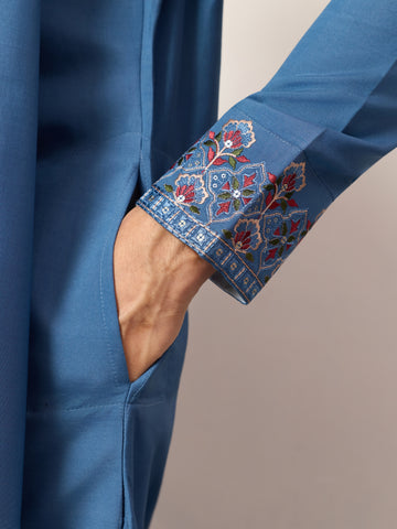 Wedding Royal Look Blue Kurta with Dupatta for Mens Wear