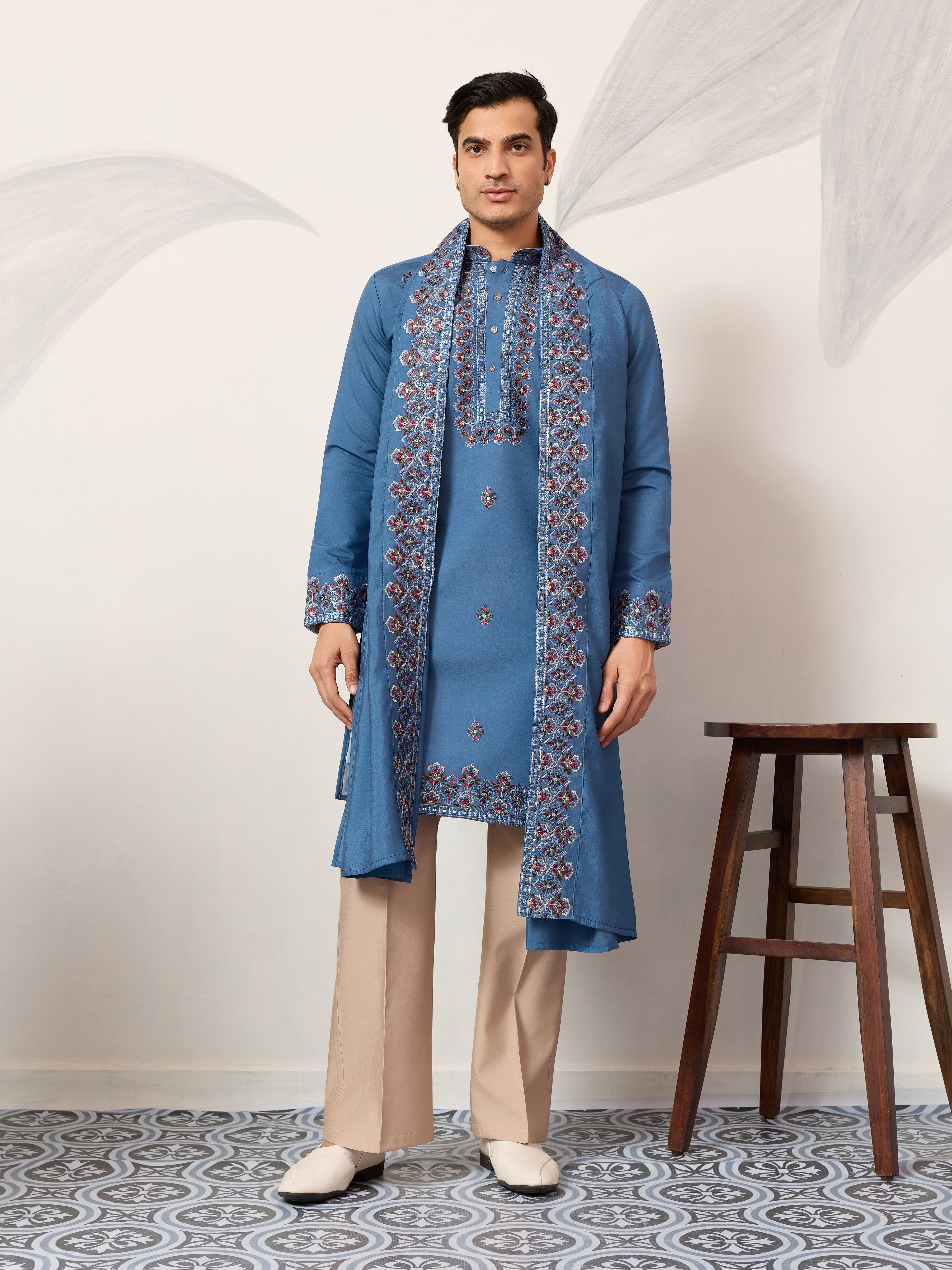 Wedding Royal Look Blue Kurta with Dupatta for Mens Wear