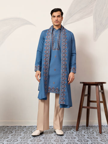 Wedding Royal Look Blue Kurta with Dupatta for Mens Wear