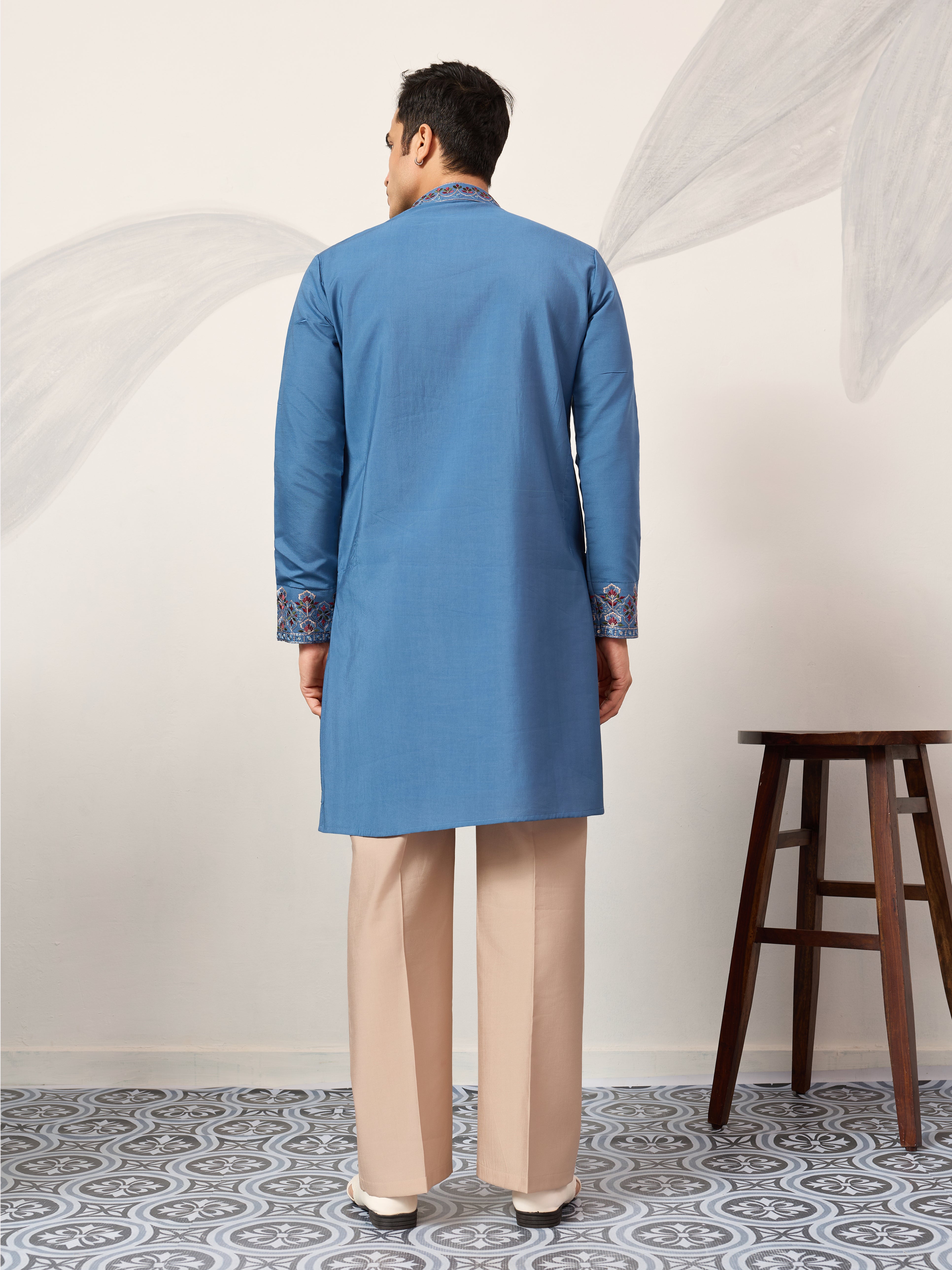Wedding Royal Look Blue Kurta with Dupatta for Mens Wear