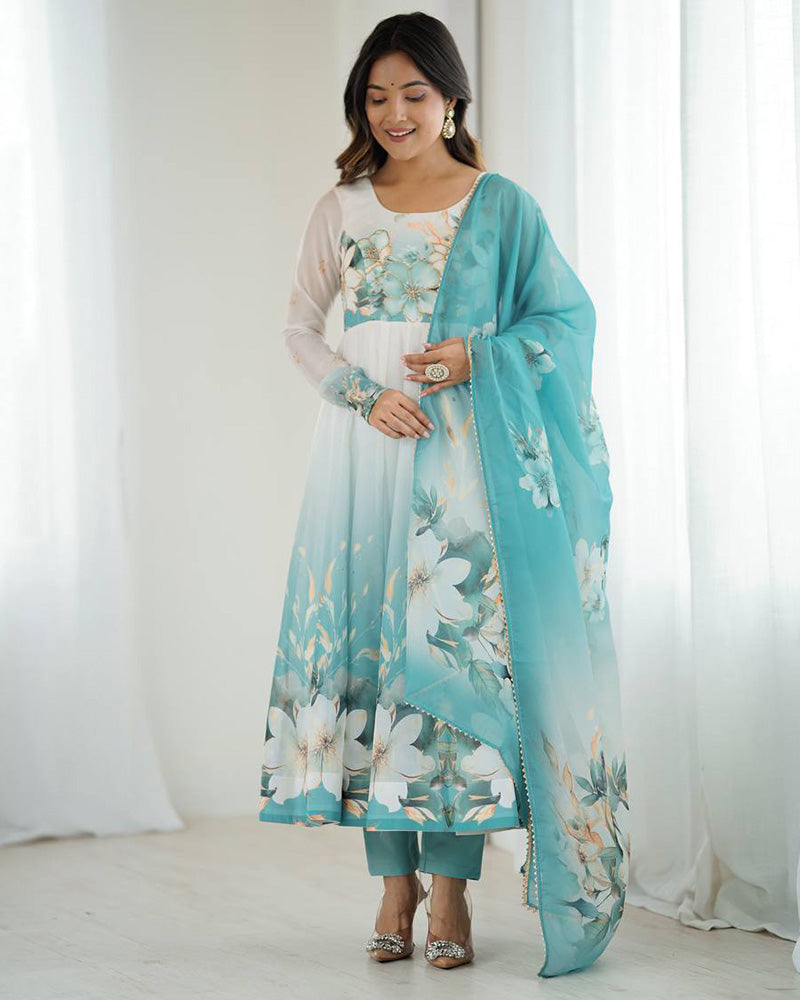 Aqua Blue Floral Print Organza Three Piece Anarkali Suit