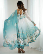 Aqua Blue Floral Print Organza Three Piece Anarkali Suit