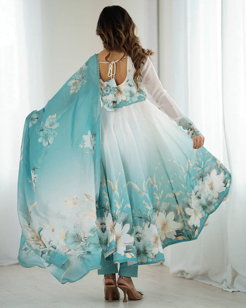 Aqua Blue Floral Print Organza Three Piece Anarkali Suit