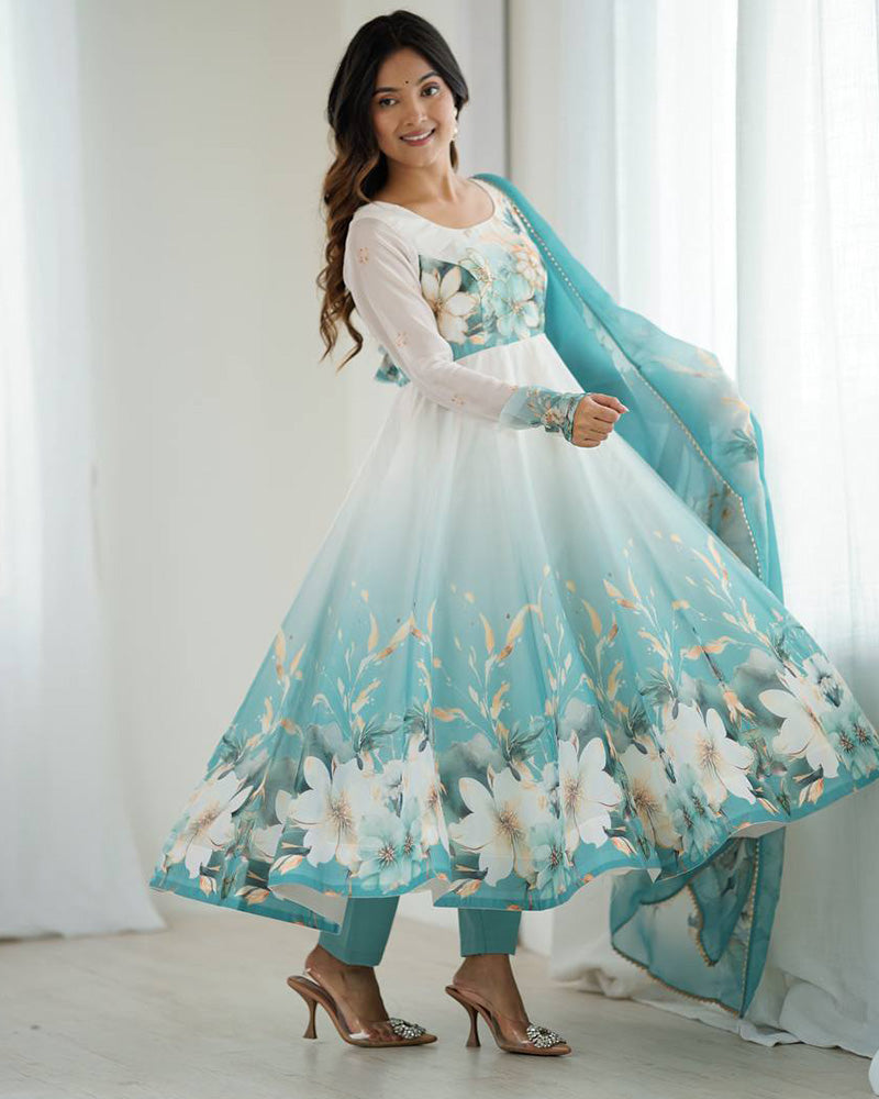 Aqua Blue Floral Print Organza Three Piece Anarkali Suit