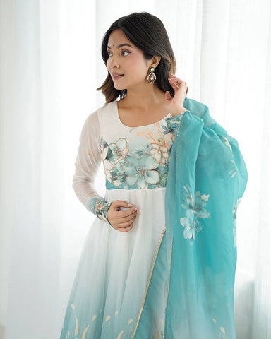 Aqua Blue Floral Print Organza Three Piece Anarkali Suit