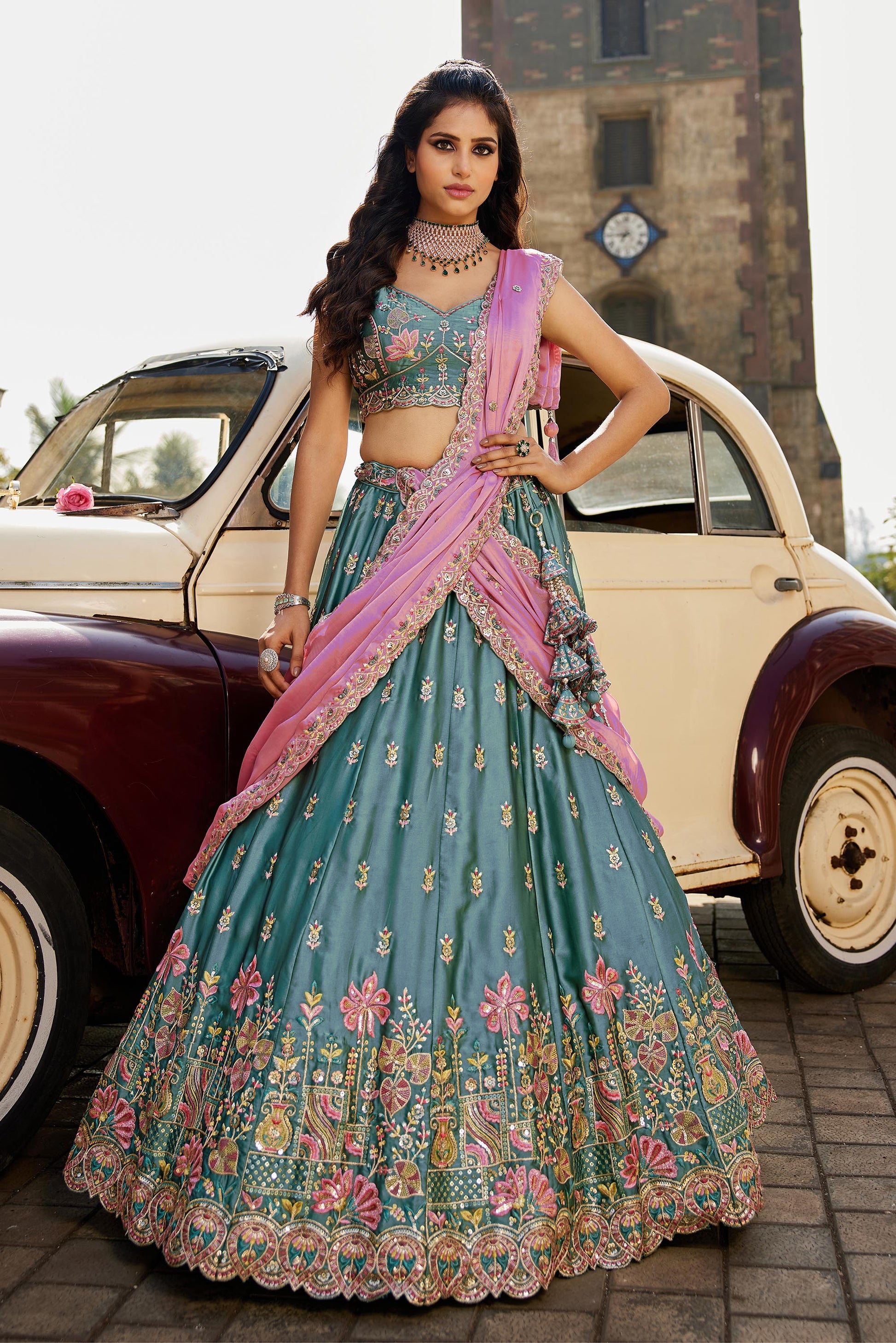 Grand Teal Blue Rangoli Silk Wedding Wear Embroidered Lehenga Set

