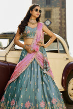 Grand Teal Blue Rangoli Silk Wedding Wear Embroidered Lehenga Set
