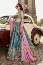 Grand Teal Blue Rangoli Silk Wedding Wear Embroidered Lehenga Set
