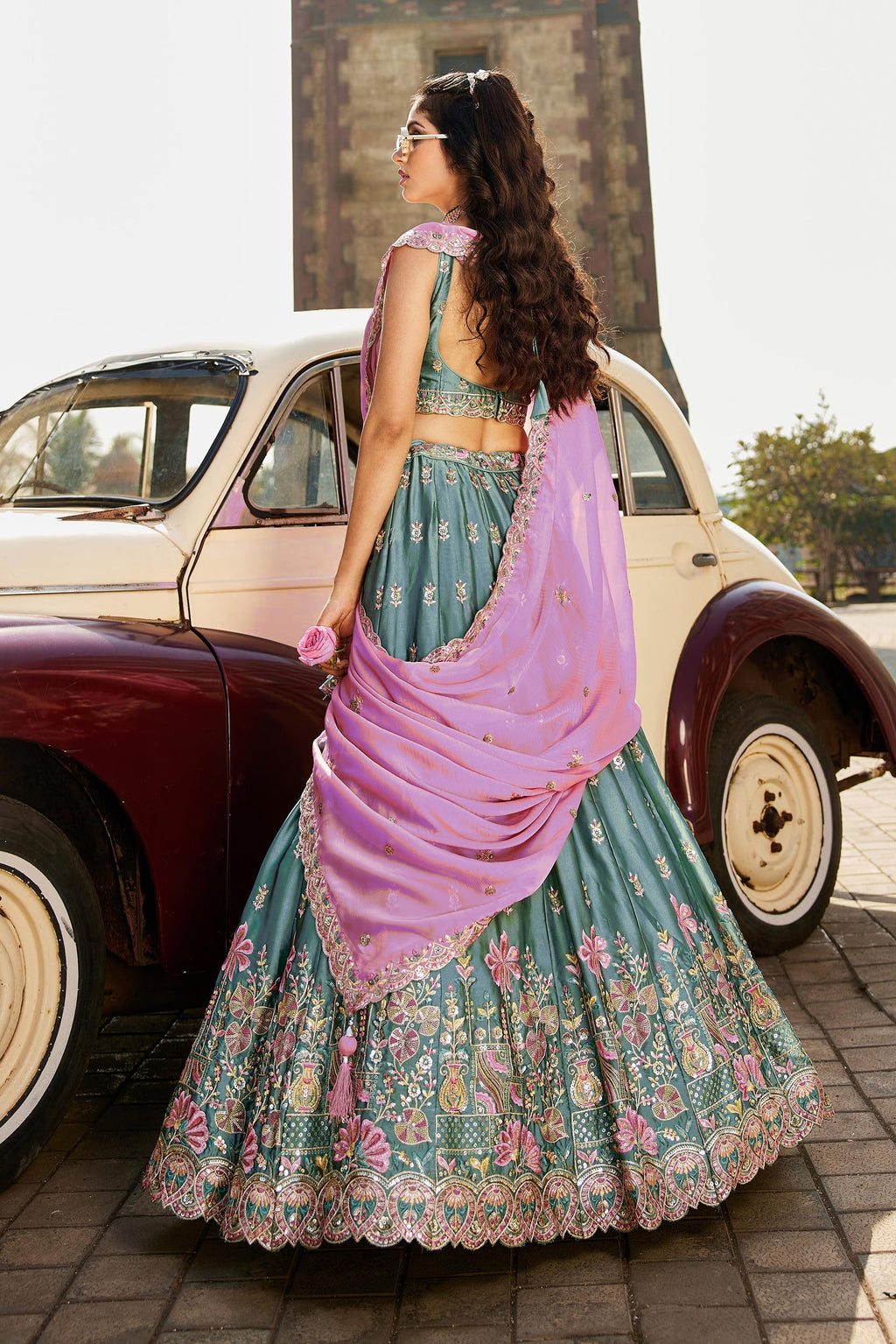 Grand Teal Blue Rangoli Silk Wedding Wear Embroidered Lehenga Set
