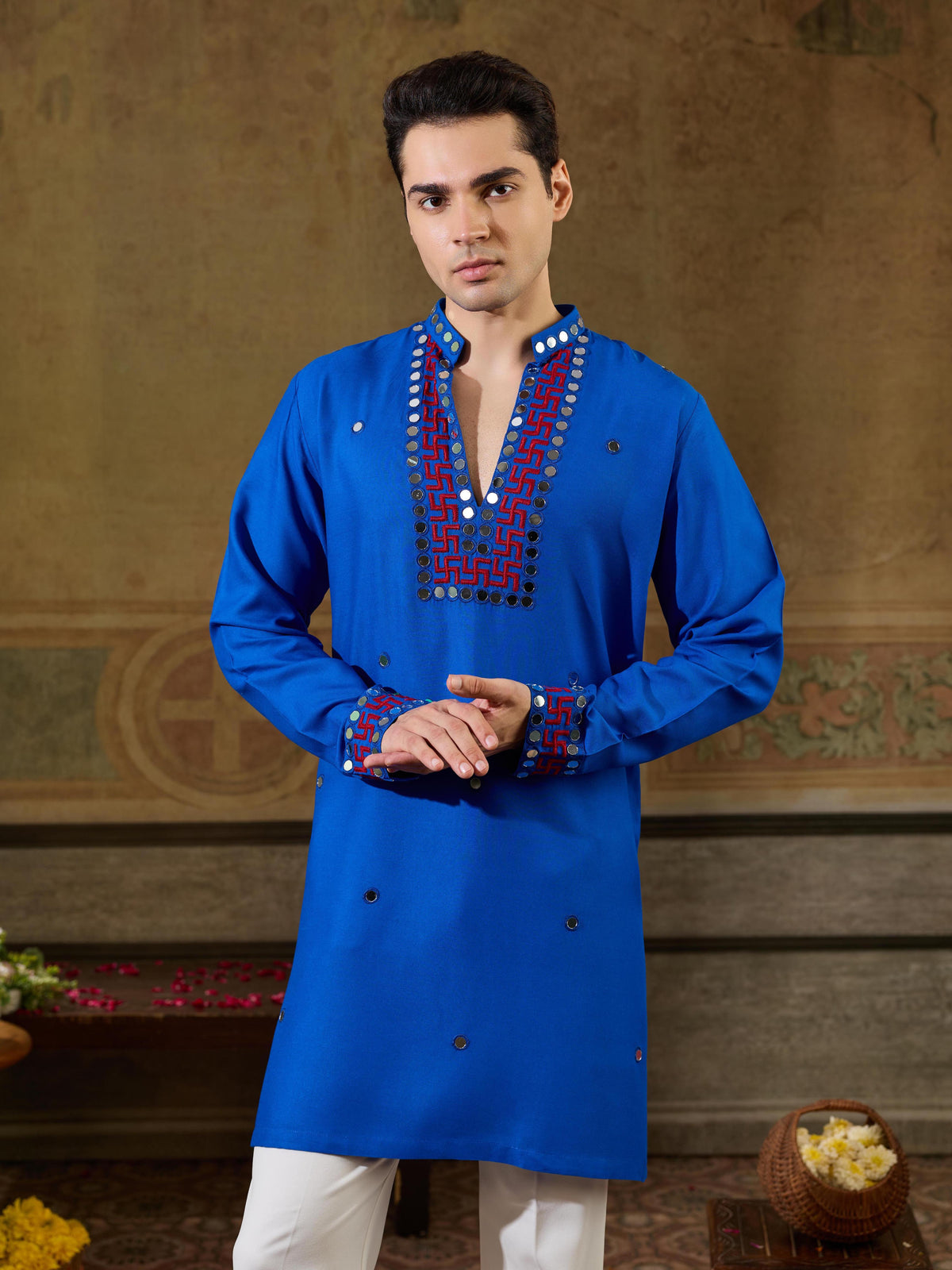 Royal Blue Rayon Mirror V Neck Kurta Set | Tulip Designer

