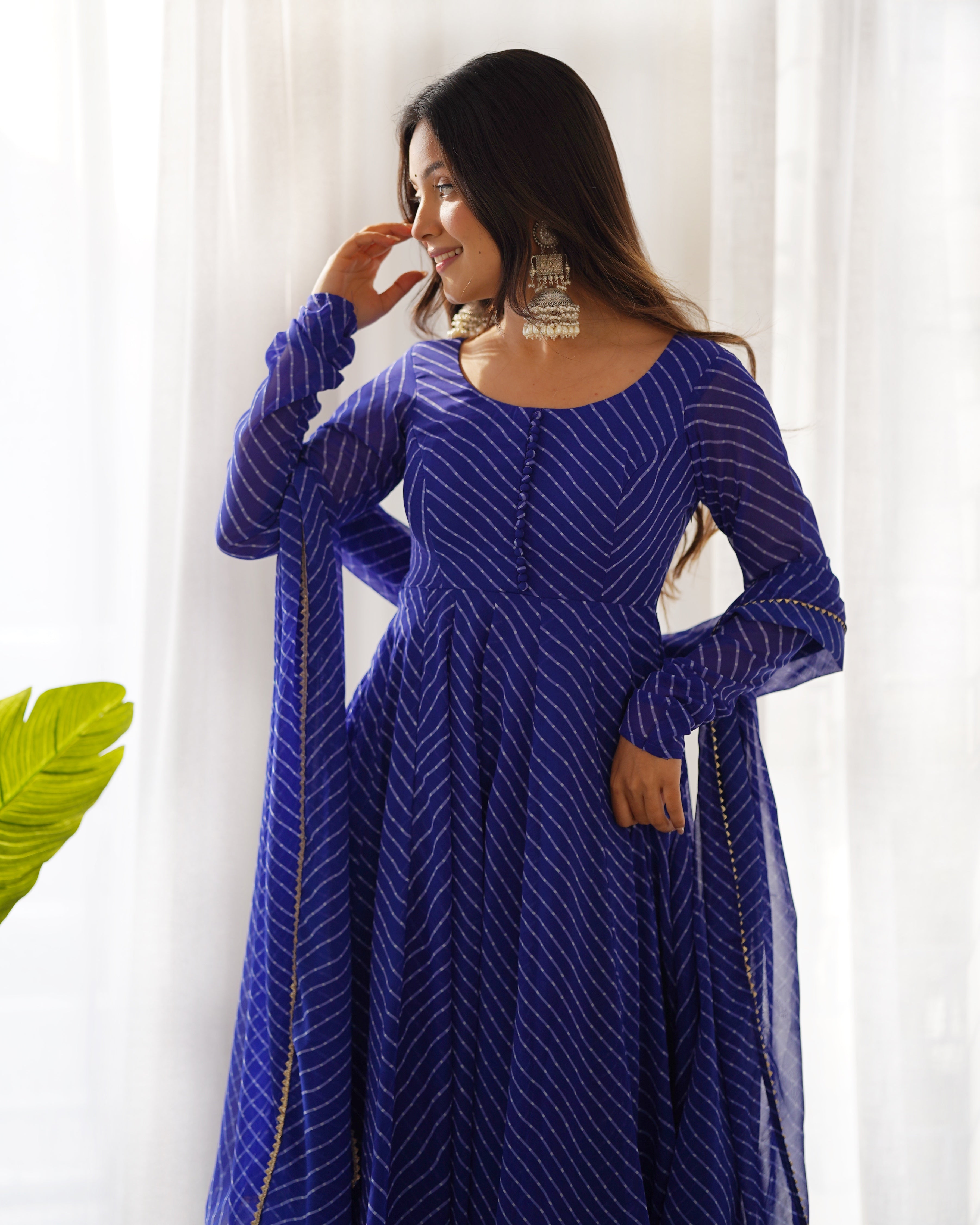 Royal Blue Pure Soft Faux Georgette Leheriya Anarkali Suit With Huge Flair Comes With Duppatta & Pant