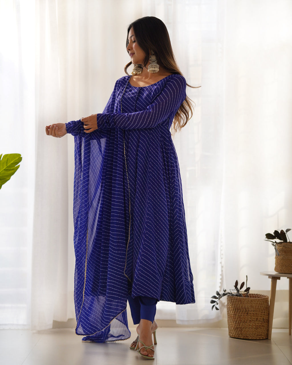 Royal Blue Pure Soft Faux Georgette Leheriya Anarkali Suit With Huge Flair Comes With Duppatta & Pant