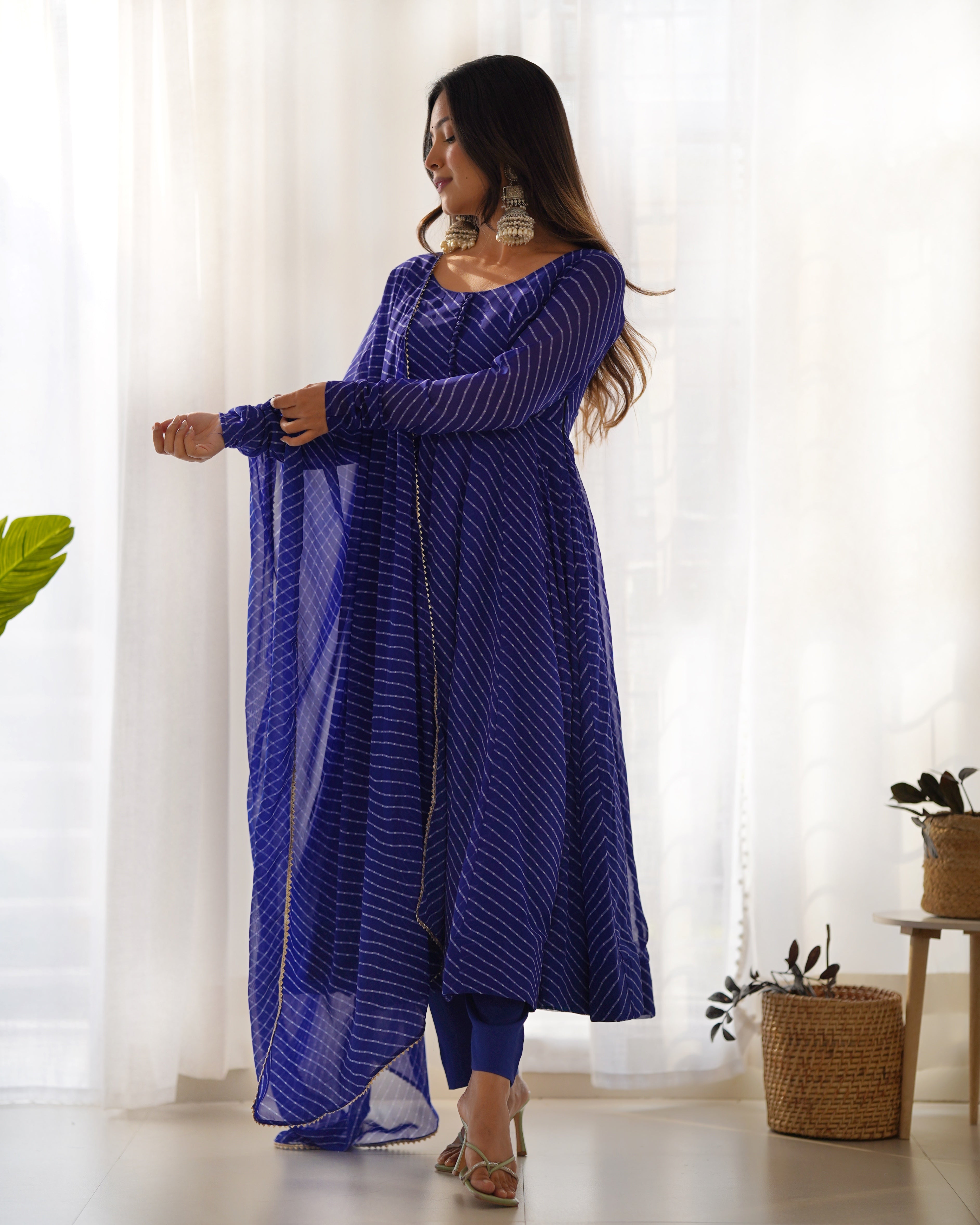 Royal Blue Pure Soft Faux Georgette Leheriya Anarkali Suit With Huge Flair Comes With Duppatta & Pant