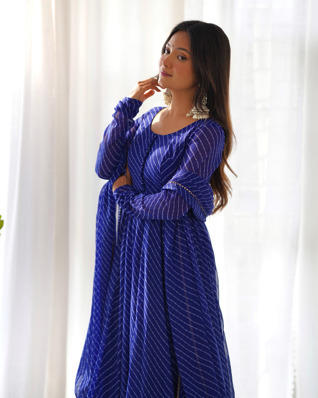 Royal Blue Pure Soft Faux Georgette Leheriya Anarkali Suit With Huge Flair Comes With Duppatta & Pant