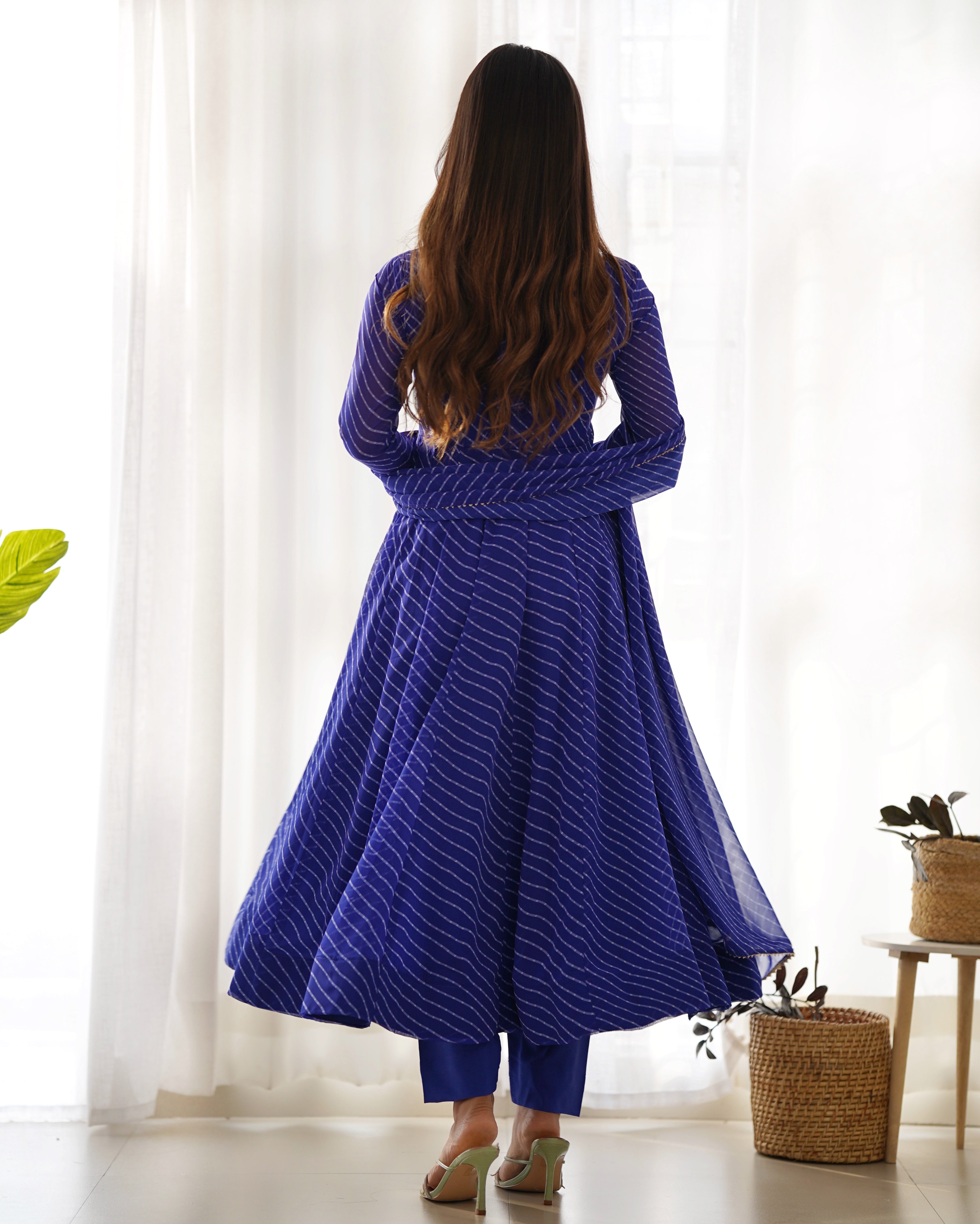 Royal Blue Pure Soft Faux Georgette Leheriya Anarkali Suit With Huge Flair Comes With Duppatta & Pant
