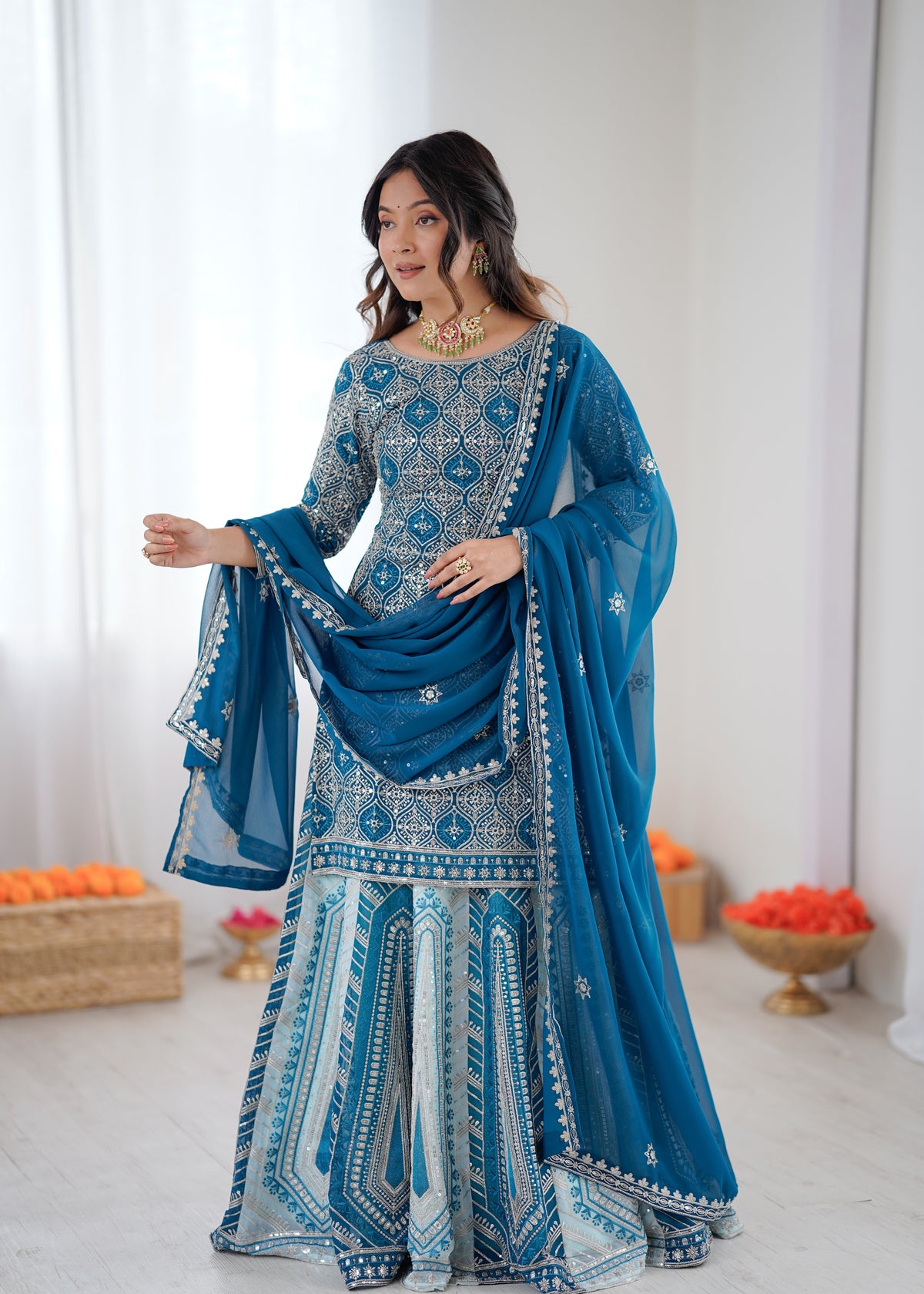 Partywear Blue Faux Georgette Thread & Sequence Work Lehenga Top Set
