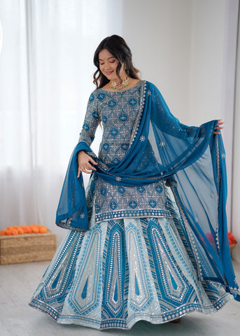 Partywear Blue Faux Georgette Thread & Sequence Work Lehenga Top Set
