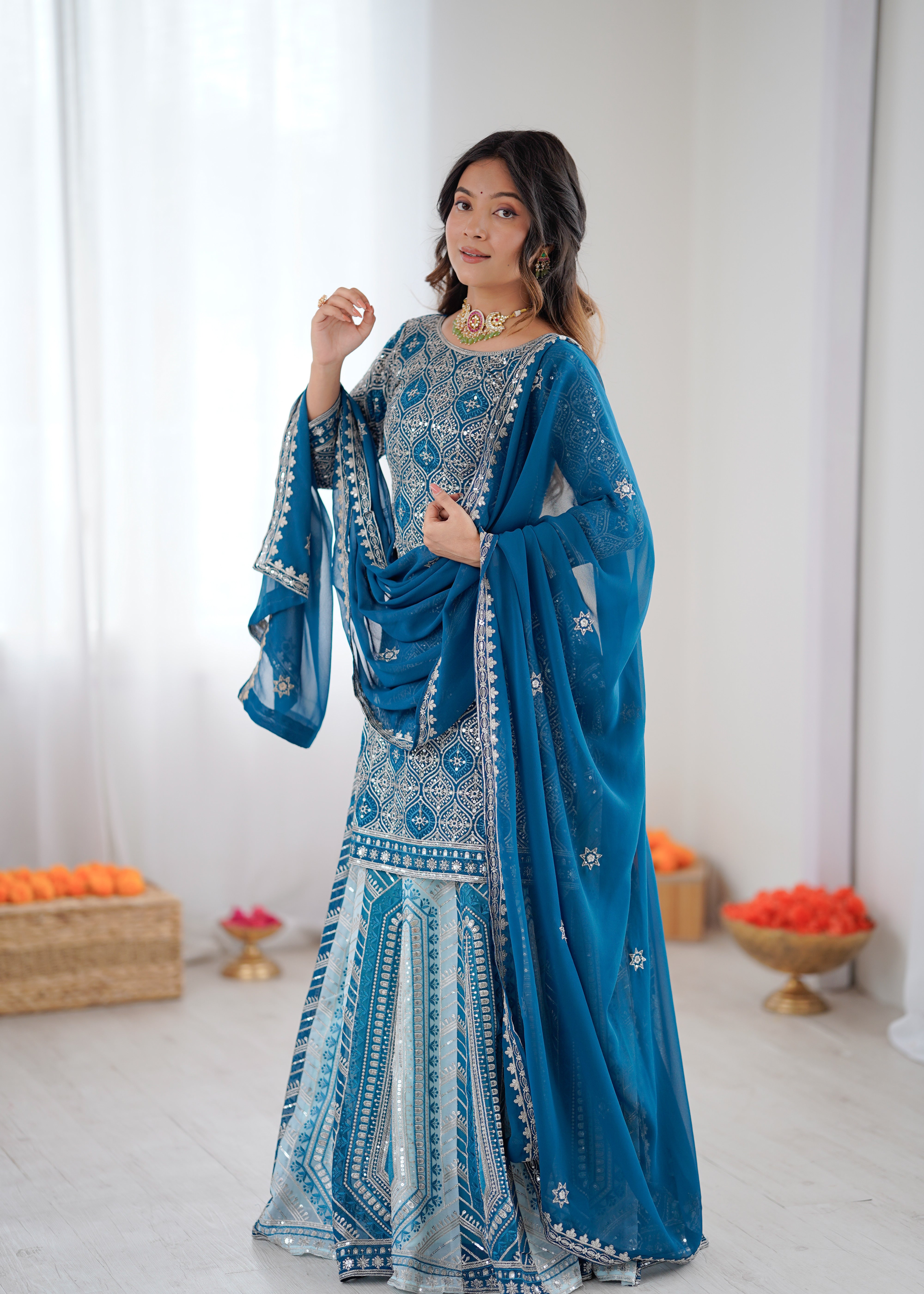 Partywear Blue Faux Georgette Thread & Sequence Work Lehenga Top Set
