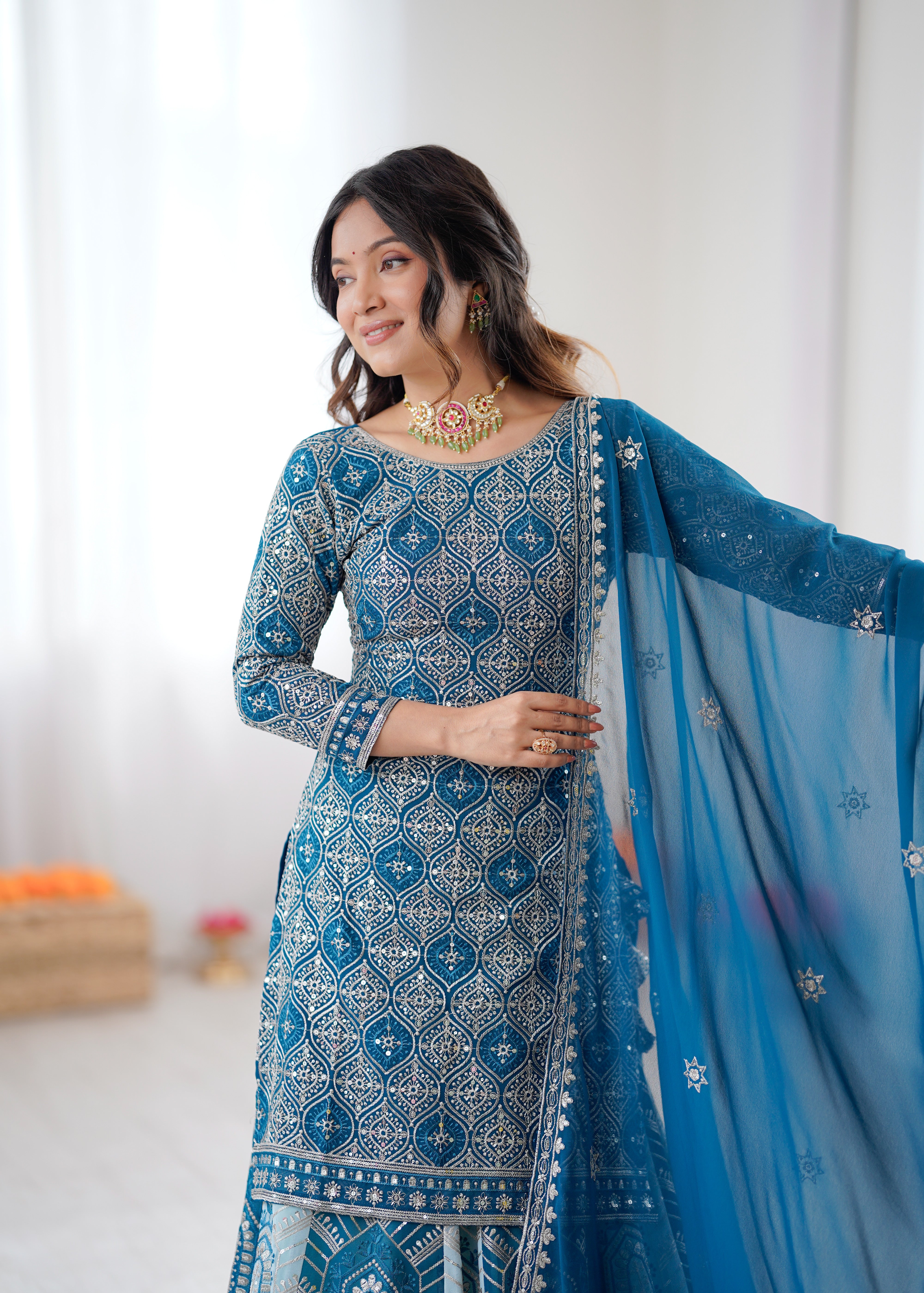Partywear Blue Faux Georgette Thread & Sequence Work Lehenga Top Set
