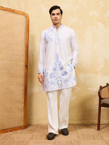 Premium White Khadi Silk Kurta for Men with Blue Thread Work