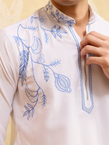 Premium White Khadi Silk Kurta for Men with Blue Thread Work