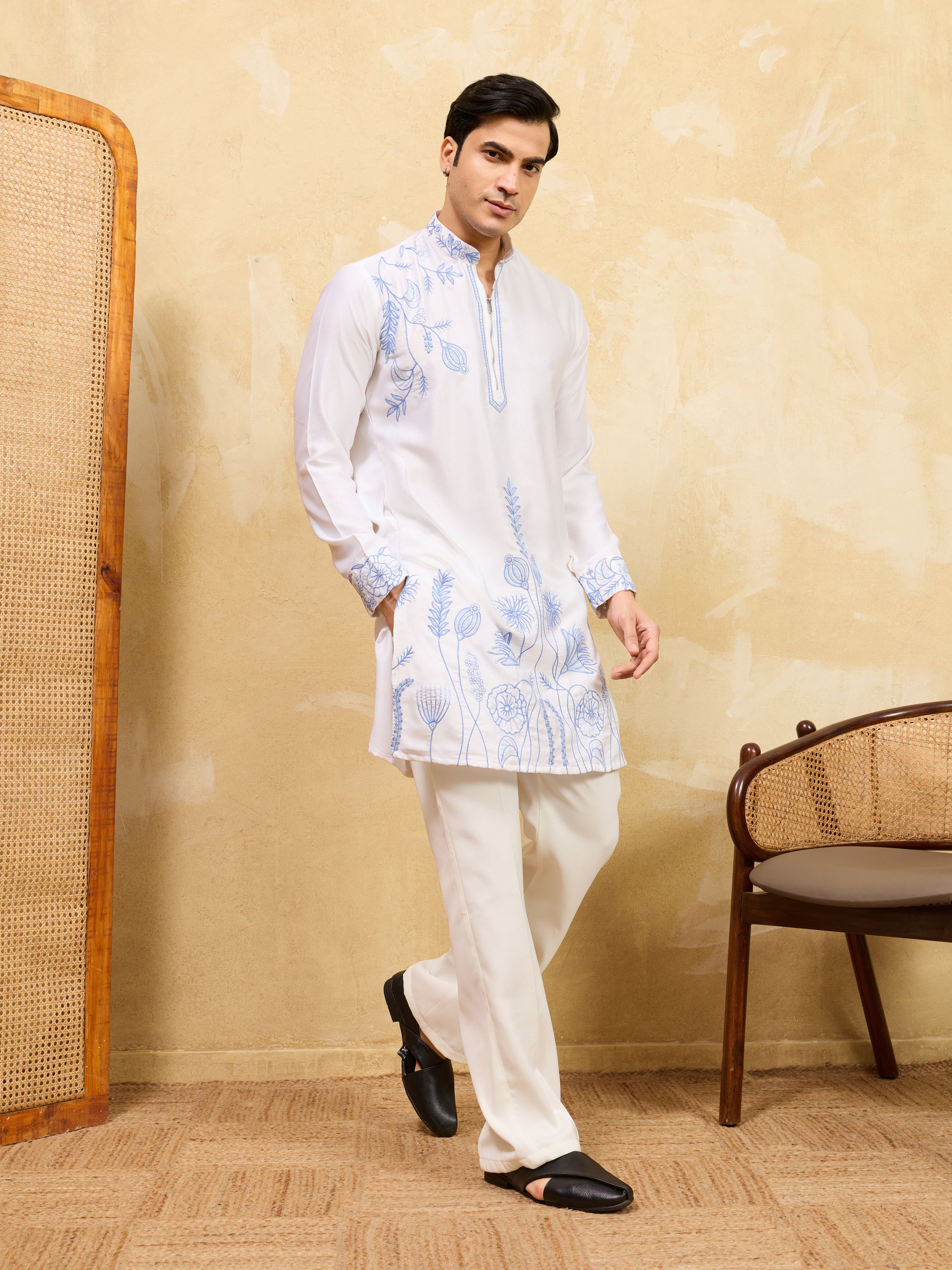 Premium White Khadi Silk Kurta for Men with Blue Thread Work