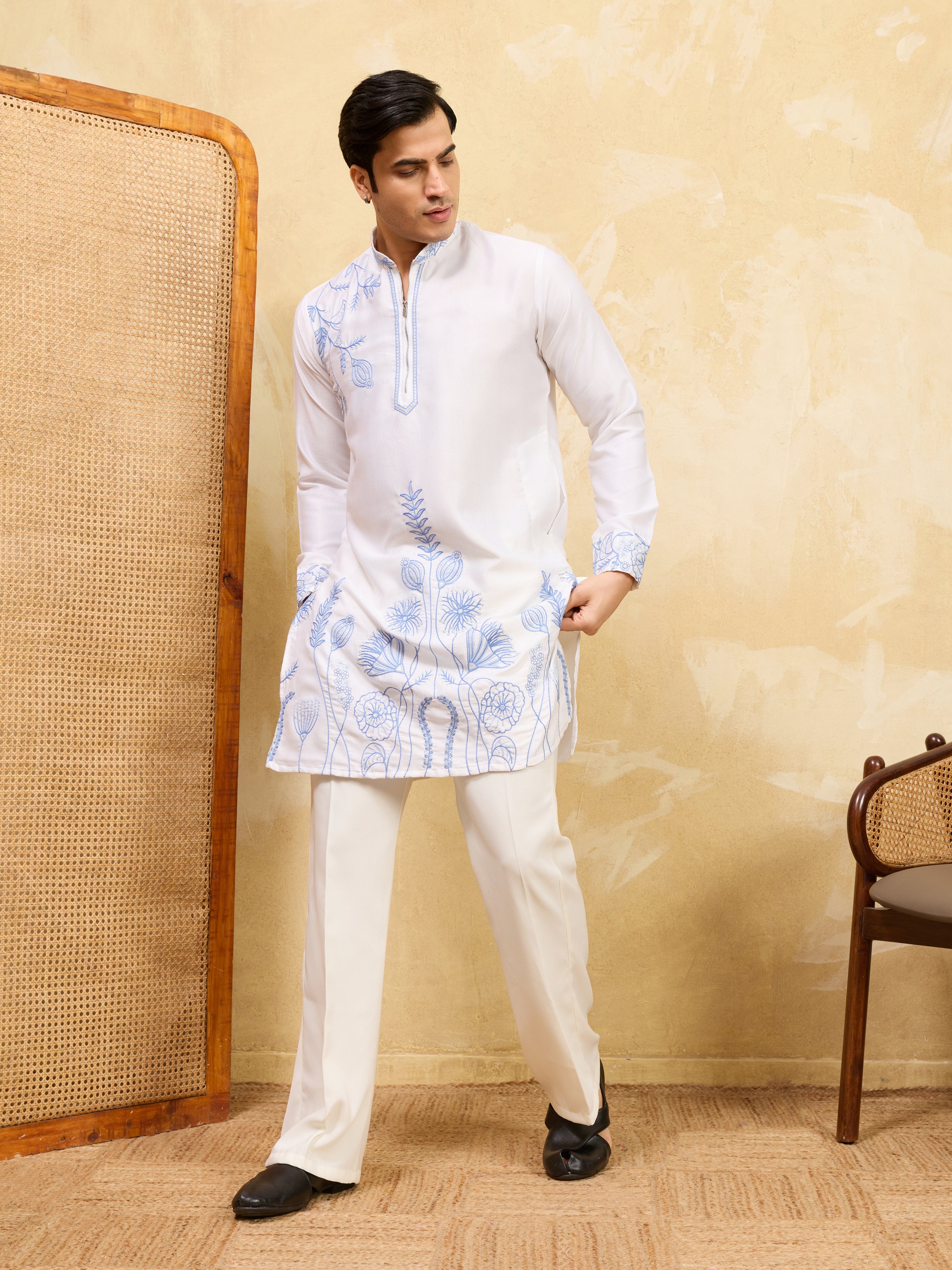 Premium White Khadi Silk Kurta for Men with Blue Thread Work