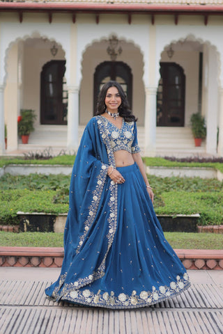 Royal Blue Elegant Vichitra Silk Lehenga Choli Set With Dupatta
