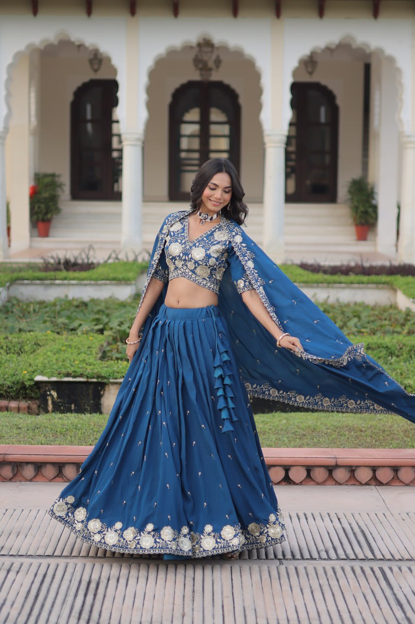 Royal Blue Elegant Vichitra Silk Lehenga Choli Set With Dupatta
