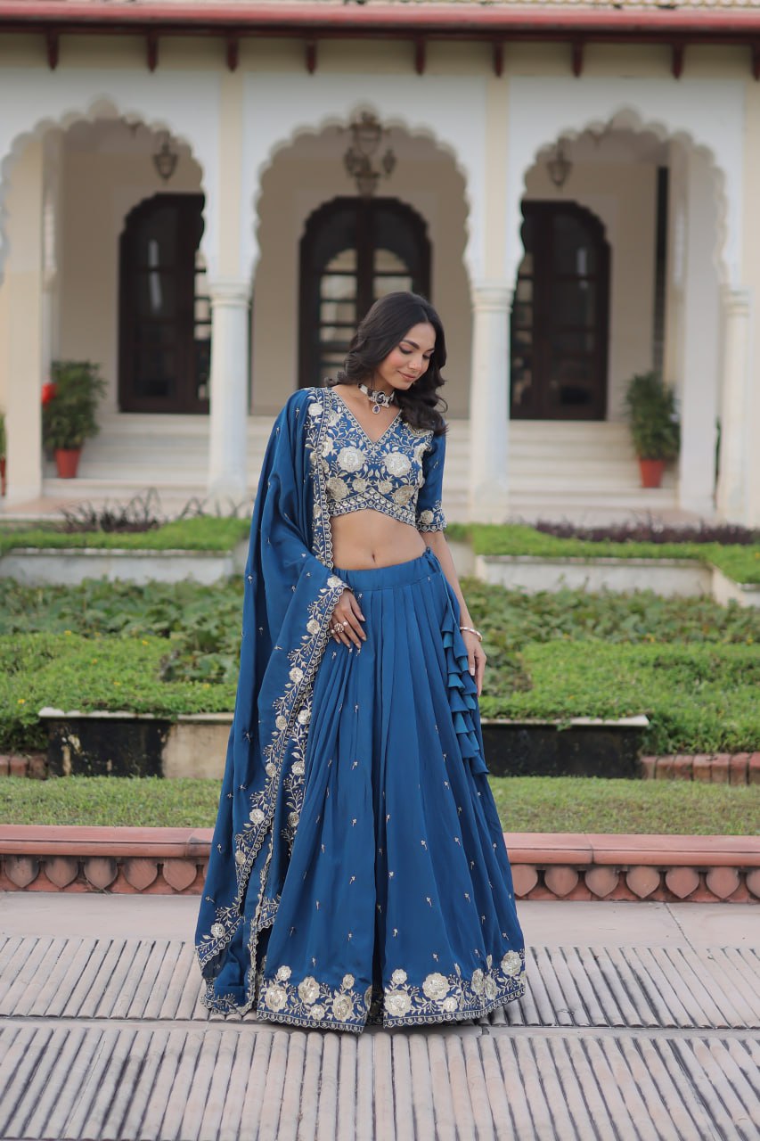 Royal Blue Elegant Vichitra Silk Lehenga Choli Set With Dupatta
