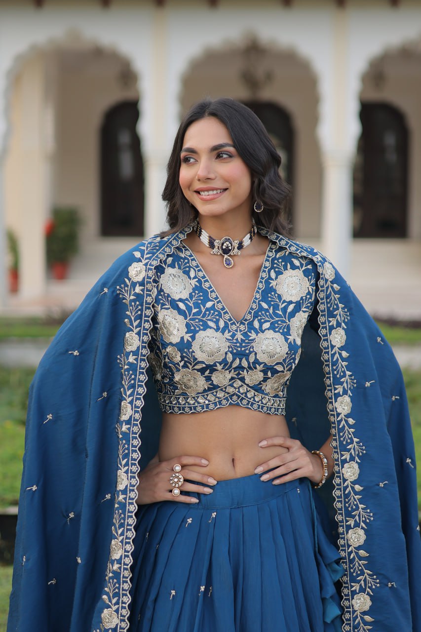 Royal Blue Elegant Vichitra Silk Lehenga Choli Set With Dupatta
