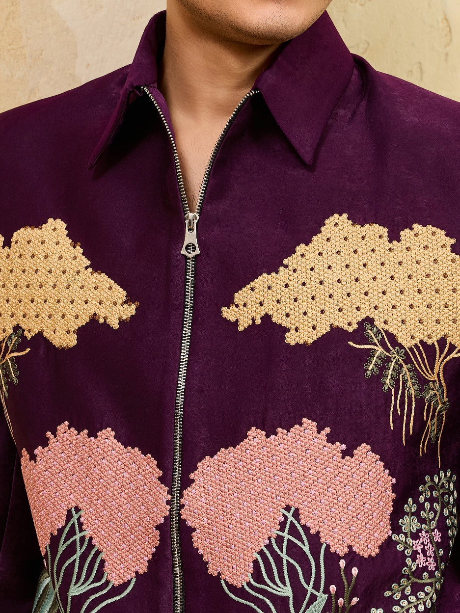 Stylish Wine Bomber Jacket with Embroidered Thread and Pants for Men