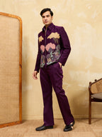 Stylish Wine Bomber Jacket with Embroidered Thread and Pants for Men